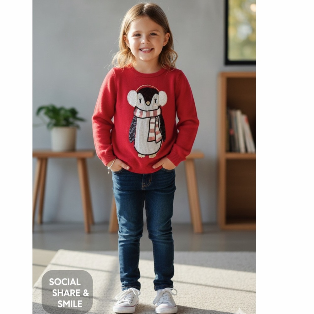 Children’s Place‎ Penguin Sequin Holiday Sweater Red Girls Size 5T